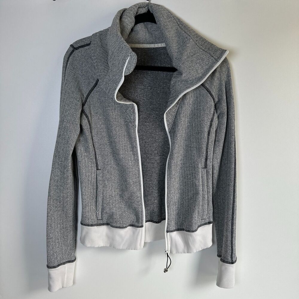 Lululemon Jacket Womens 8 Gray Herringbone Zip Up Athletic Yoga Fitted High Neck - Picture 6 of 16